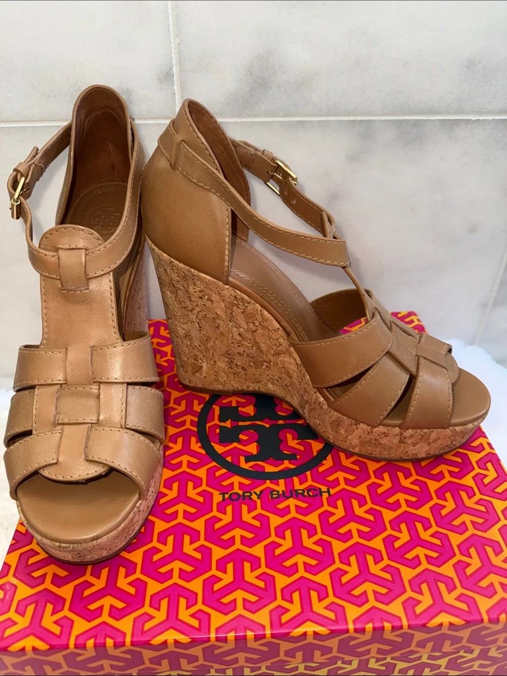 Tory Burch Wendell Cognac Leather Cork Wedge Sandals 8. 1/2